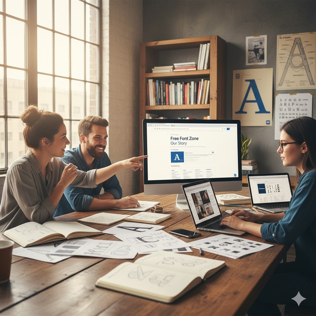 Team of designers collaborating in a studio with typography samples